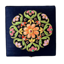 Load image into Gallery viewer, A navy blue keepsake box embroidered with multicolor flower BoutiqueByMariam.
