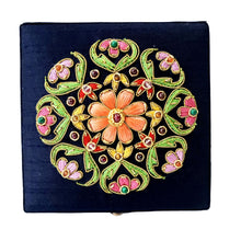 Load image into Gallery viewer, A navy blue keepsake box embroidered with multicolor flower BoutiqueByMariam.