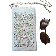 Load image into Gallery viewer, Aqua blue soft sunglasses case with chain embroidered with white flowers, zardozi.
