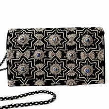 Load image into Gallery viewer, Luxury black velvet evening bag embroidered with art deco star pattern and inlaid with lapis lazuli gemstones, zardozi purse.
