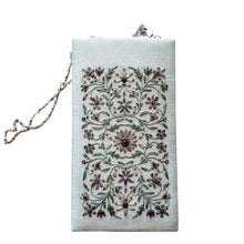 Load image into Gallery viewer, Baby blue and gray floral hand embroidered slim crossbody bag with chain, zardozi purse.