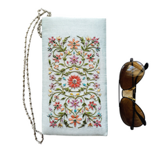 Load image into Gallery viewer, Baby blue soft eyeglasses case sunglasses case embroidered with multicolor pastel flowers.