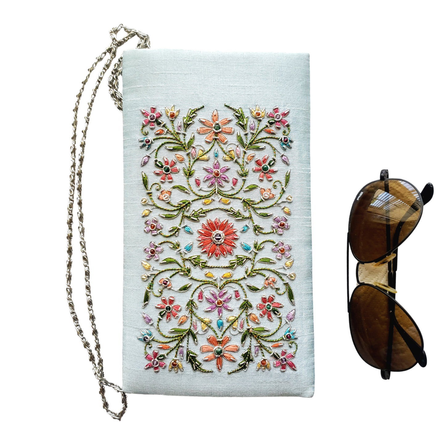 Baby blue soft eyeglasses case sunglasses case embroidered with multicolor pastel flowers. 
