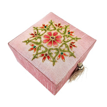 Load image into Gallery viewer, Baby pink small jewelry box embroidered with coral color flower BoutiquebyMariam. 
