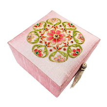 Load image into Gallery viewer, Ballerina pink jewelry box embroidered with coral colored flowers and ruby gemstones BoutiqueByMariam.
