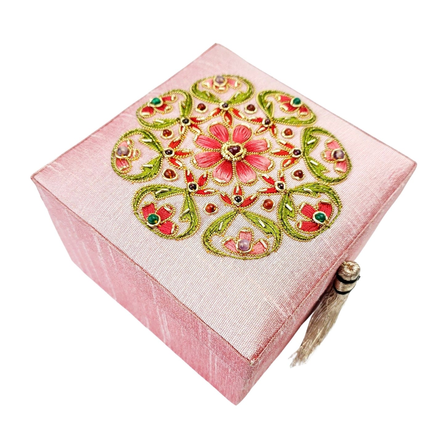 Ballerina pink jewelry box embroidered with coral colored flowers and ruby gemstones BoutiqueByMariam.