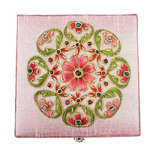 Load image into Gallery viewer, Ballerina pink ring bearer box embroidered with coral colored flower and gemstones BoutiqueByMariam.