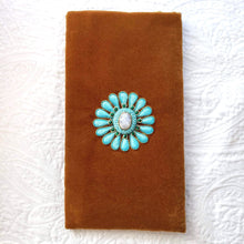 Load image into Gallery viewer, Beige brown velvet eyeglasses sunglasses case embroidered with turquoise blue squash blossom flower BoutiqueByMariam.