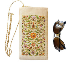 Load image into Gallery viewer, Beige gold slim crossbody bag eyeglasses case hand embroidered with orange multicolor flowers.