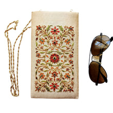 Load image into Gallery viewer, Beige gold soft eyeglasses case hand embroidered with red flowers and inlaid with gemstones.