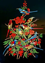 Load image into Gallery viewer, Large framed Birds of Paradise embroidered tapestry of eight colorful birds in a red flowering bush