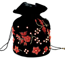 Load image into Gallery viewer, Black velvet bucket bag potli bag with embroidered red flowers BoutiqueByMariam.
