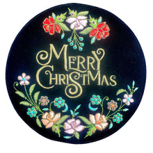 Load image into Gallery viewer, Black velvet round gift presentation box embroidered with metallic gold words Merry Christmas BoutiqueByMariam.