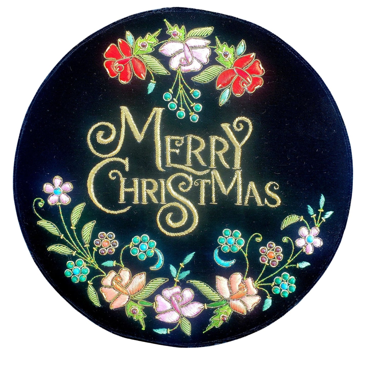 Black velvet round gift presentation box embroidered with metallic gold words Merry Christmas BoutiqueByMariam.