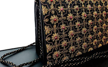 Load image into Gallery viewer, Black and copper silk clutch bag with garnets, side view.