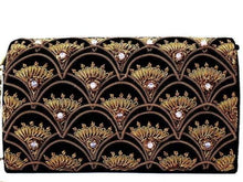 Load image into Gallery viewer, Art Deco inspired luxury black velvet evening clutch bag embroidered with peacock feather pattern or fish scale pattern in antique gold color and embellished with quartz gemstones, formal clutch, black and gold zardozi purse.