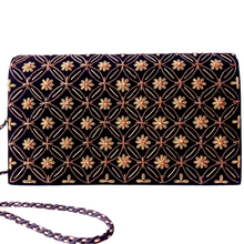 Load image into Gallery viewer, Luxury black velvet evening clutch bag embroidered with antique gold geometric circle pattern with small flowers and embellished with genuine carnelian gemstones, formal clutch, gold and black zardozi purse.