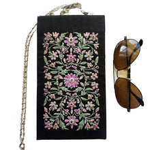 Load image into Gallery viewer, Black and lavender purple hand embroidered floral sunglasses case eyeglasses case with chain.