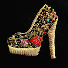 Load image into Gallery viewer, Black keepsake box embroidered with woman&#39;s gold stiletto shoe BoutiqueByMariam.
