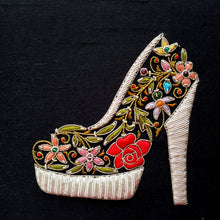 Load image into Gallery viewer, Black keepsake box embroidered with woman&#39;s silver stiletto shoe BoutiqueByMariam. 
