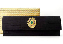 Load image into Gallery viewer, Dupioni Silk Slim Clutch with Flower Medallion