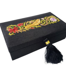 Load image into Gallery viewer, Black silk jewelry box embroidered with bird and flowers BoutiquebyMariam.