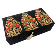 Load image into Gallery viewer, Black silk keepsake box embroidered with gold red flowers, side view. 
