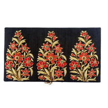 Load image into Gallery viewer, Black silk keepsake box embroidered with gold red flowers, top view.