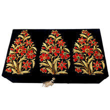 Load image into Gallery viewer, Black silk keepsake box embroidered with gold red flowers.
