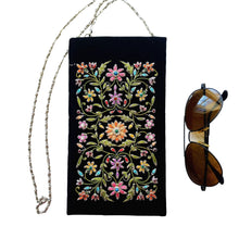 Load image into Gallery viewer, Black sunglasses case, eyeglasses case, with chain hand embroidered with multicolor flowers, zardozi purse.