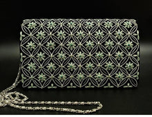 Load image into Gallery viewer, Black velvet and silver evening clutch bag with green onyx.
