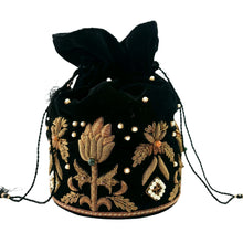 Load image into Gallery viewer, Black velvet bucket bag embroidered with bronze metallic flowers and beads BoutiqueByMariam.