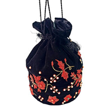 Load image into Gallery viewer, Black velvet bucket bag potli bag with embroidered red flowers, BoutiqueByMariam. 
