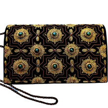 Load image into Gallery viewer, Luxury black velvet evening clutch bag embroidered with geometric pattern of eight sided stars and flowers in antique gold color and embellished with genuine jade gemstones, formal clutch, gold and black zardozi purse.