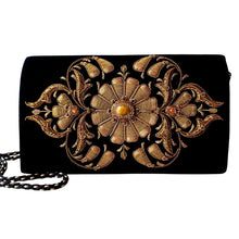 Load image into Gallery viewer, Luxury black velvet evening clutch bag embroidered with large central flower in antique gold and embellished with genuine gemstones, floral wedding clutch, gold and black zardozi purse.