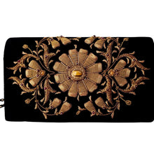 Load image into Gallery viewer, Luxury black velvet evening clutch bag embroidered with large central flower in antique gold and traditional flecks and embellished with genuine gemstones, floral wedding clutch, gold and black zardozi purse.