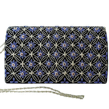 Load image into Gallery viewer, Luxury black velvet evening clutch bag embroidered with silver geometric circle pattern with small blue flowers and embellished with genuine garnet gemstones, formal clutch, silver and black and blue zardozi purse.