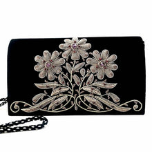Load image into Gallery viewer, Luxury black velvet evening clutch bag embroidered with three daisy flowers in antique silver color and embellished with genuine gemstones, floral wedding clutch, black and silver zardozi purse.