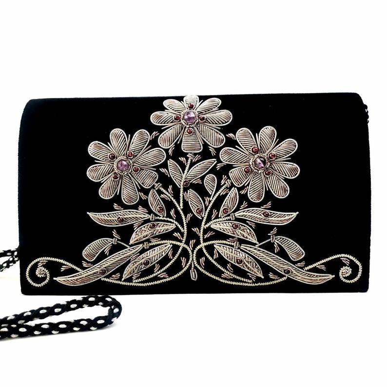 Black velvet designer clutch bag, luxury evening clutch,embroidered floral  handbag,wedding clutch,wedding guest clutch, party purse, zardozi