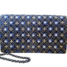 Load image into Gallery viewer, Luxury black velvet evening clutch bag embroidered with silver geometric circle pattern with small blue flowers and embellished with genuine quartz gemstones, formal clutch, silver and black and blue zardozi purse.