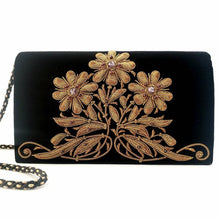 Load image into Gallery viewer, Luxury black velvet evening clutch bag embroidered with three daisy flowers in antique gold color and embellished with genuine gemstones, floral wedding clutch, black and antique gold zardozi purse.