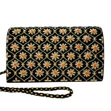 Load image into Gallery viewer, Black velvet evening bag embroidered with gold flowers and inlaid with carnelian gemstones BoutiqueByMariam.
