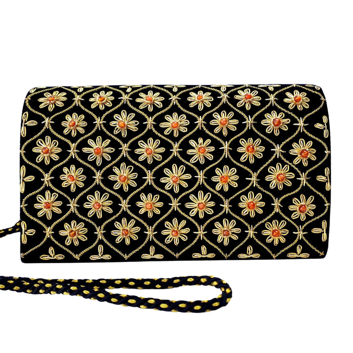 Black velvet evening bag embroidered with gold flowers and inlaid with carnelian gemstones BoutiqueByMariam.