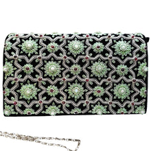 Load image into Gallery viewer, Black velvet evening bag embroidered with mint green and silver stars and inlaid with moonstones and garnets, zardozi purse.
