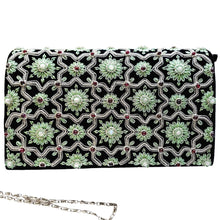 Load image into Gallery viewer, Luxury black velvet evening clutch bag embroidered with geometric pattern of silver eight sided star and green flowers and embellished with moonstone and garnet gemstones, formal purse, black and silver and green zardozi purse.