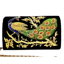 Load image into Gallery viewer, Black velvet evening bag embroidered with peacock BoutiqueByMariam.