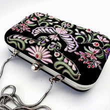 Load image into Gallery viewer, Black velvet evening bag embroidered with purple and pink Wings of Isis pattern BoutiqueByMariam.