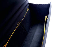 Load image into Gallery viewer, Black velvet evening bag, interior view. showing three slit pockets outlined in a thin gold line.