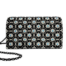 Load image into Gallery viewer, Luxury black velvet evening clutch bag embroidered with silver quatrefoil cloverleaf pattern and flowers and embellished with genuine turquoise gemstones, floral wedding clutch, silver and black zardozi purse.