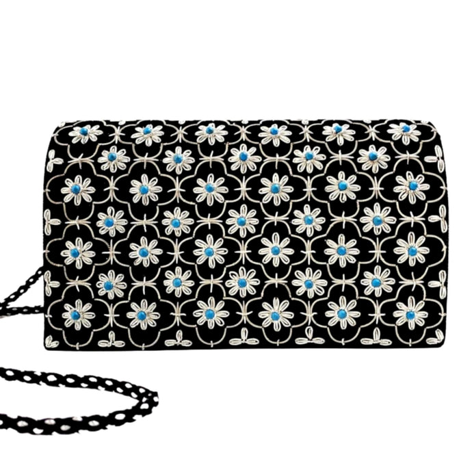 Black velvet evening clutch bag embroidered with silver quatrefoil pattern with turquoise gemstones, zardozi purse. 